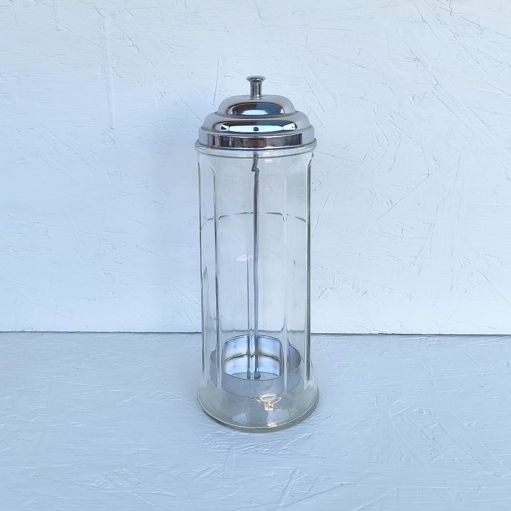 TABLE CRAFT | Vintage Glass Straw Dispenser Jar with Silver Lid & Handle